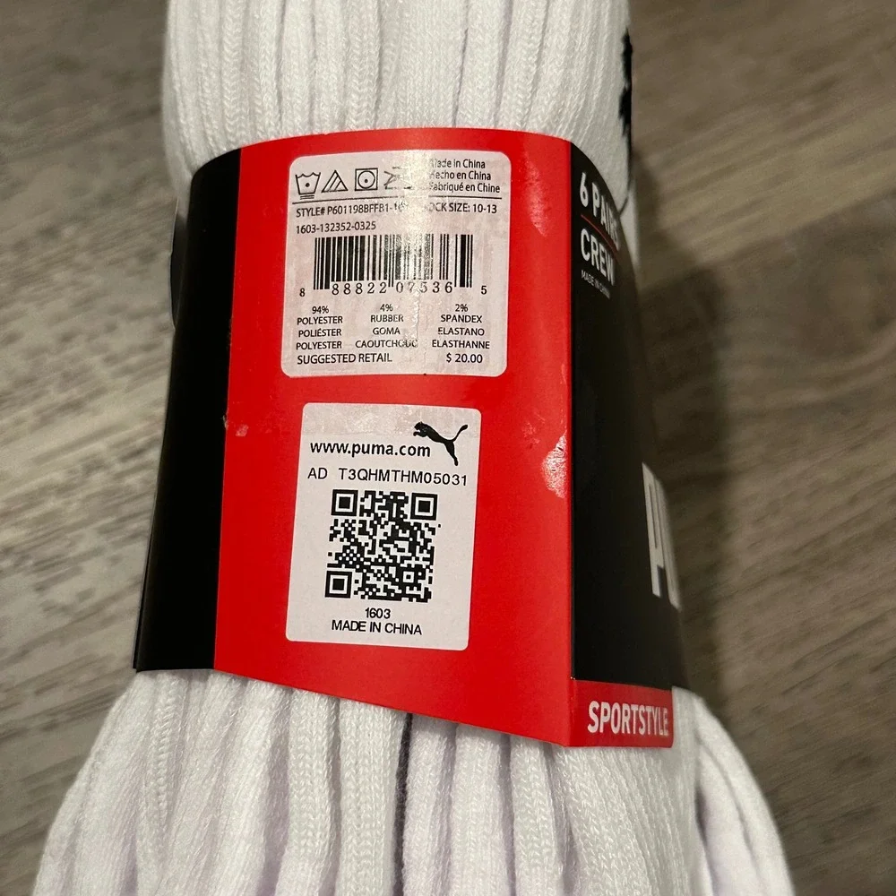 PUMA Men's Crew Socks 6-Pair White Cushioned Sport Size 10-13 NWT